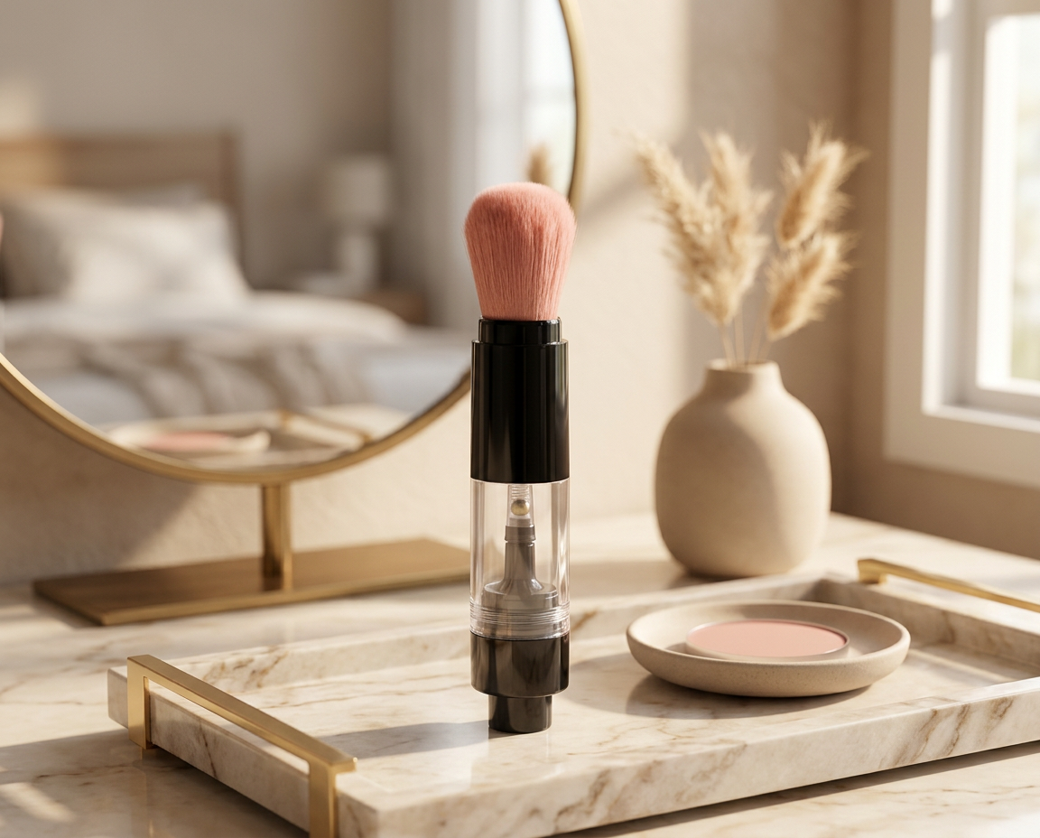 Beauty Brush sur un plateau de coiffeuse en marbre devant un miroir