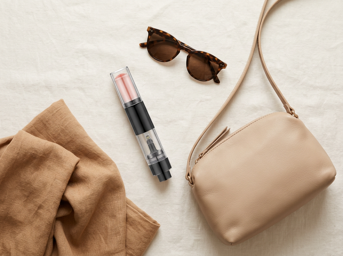 Beauty Brush posé à plat près d'un sac en cuir beige et d'une écharpe en lin