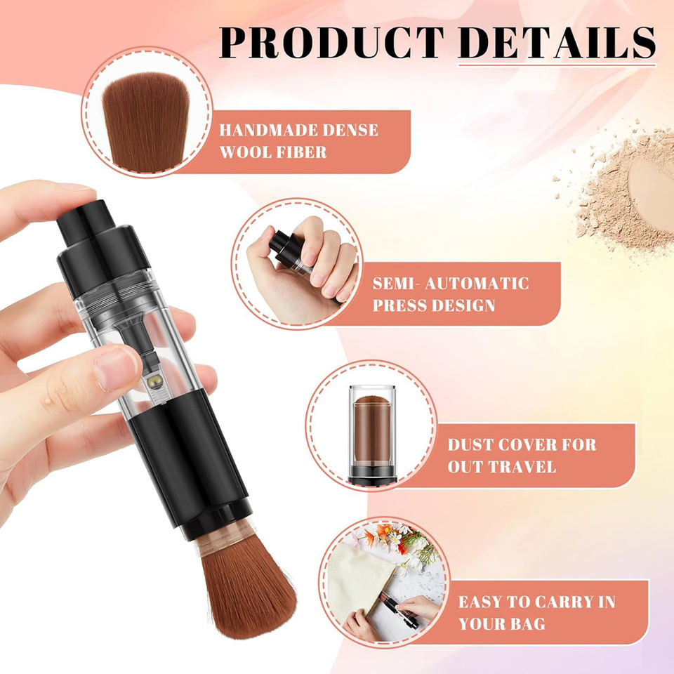 Détails du pinceau Beauty Brush : fibres denses, pression semi-automatique, cache anti-poussière